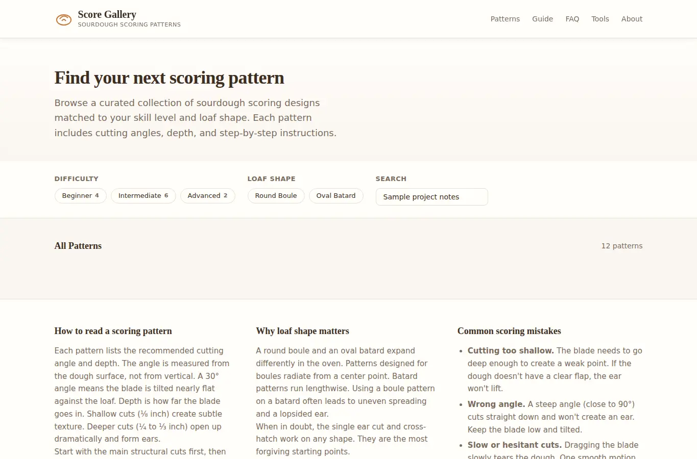 Screenshot of Sourdough Scoring Pattern Gallery interface showing the project page in use